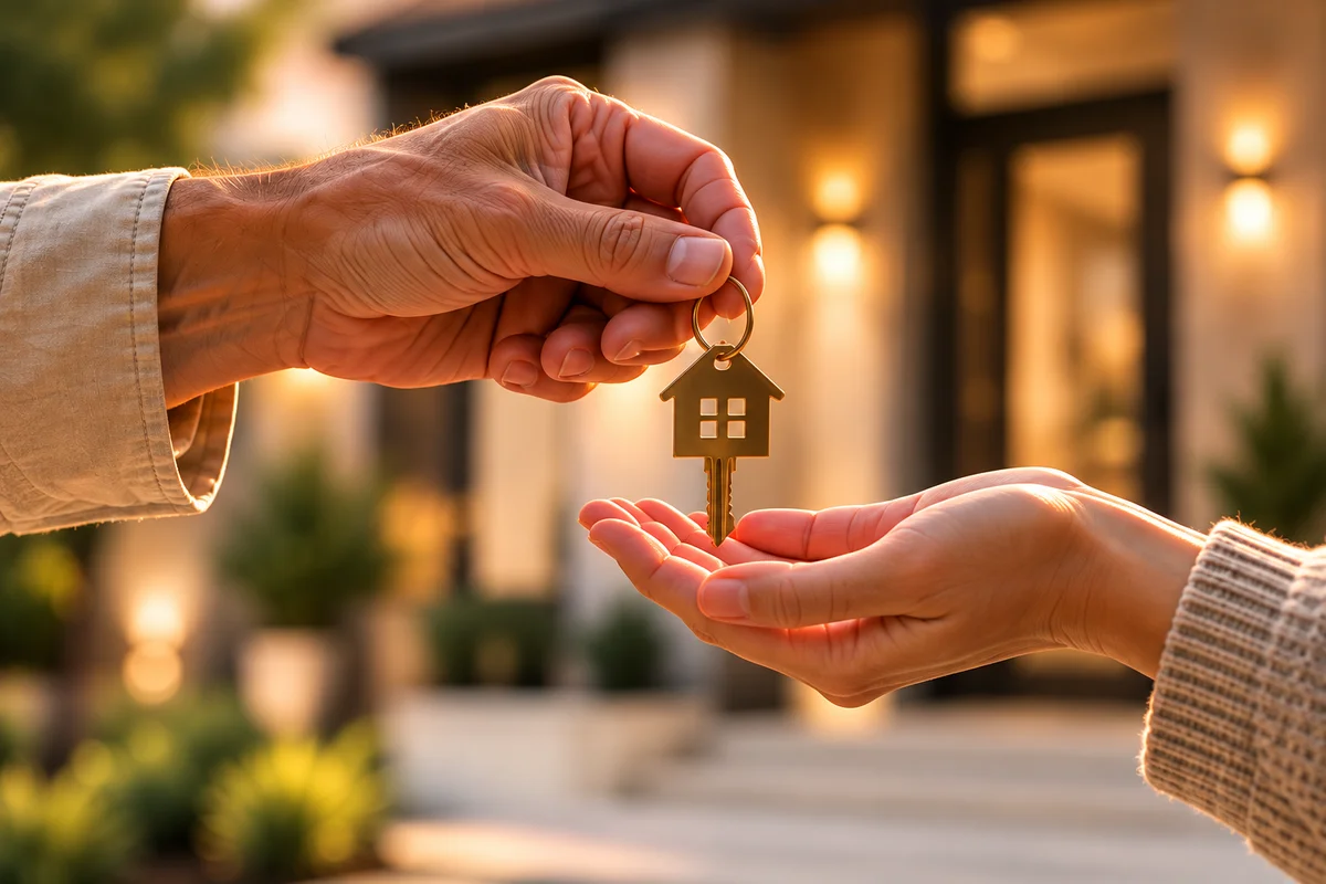 Keys being handed over outside a finished home at sunset