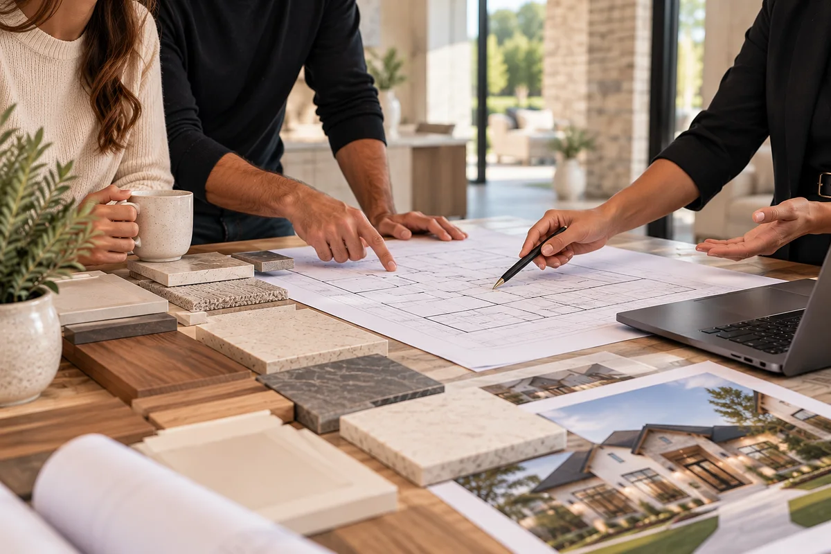 A family going through plans and material samples with their builder