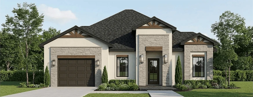 The Classic Home, a single story home with a stone front and a one car garage