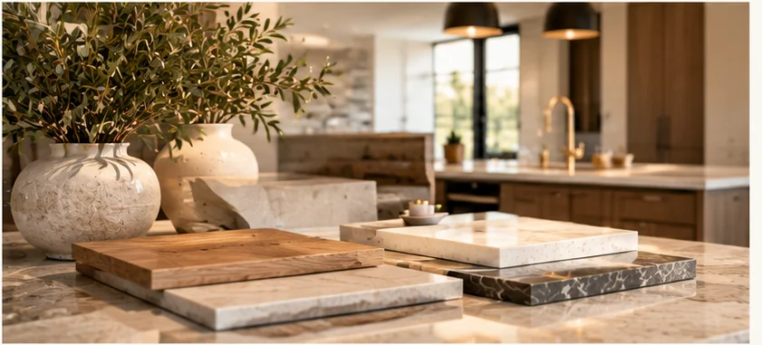 A kitchen island with stone and timber samples laid out